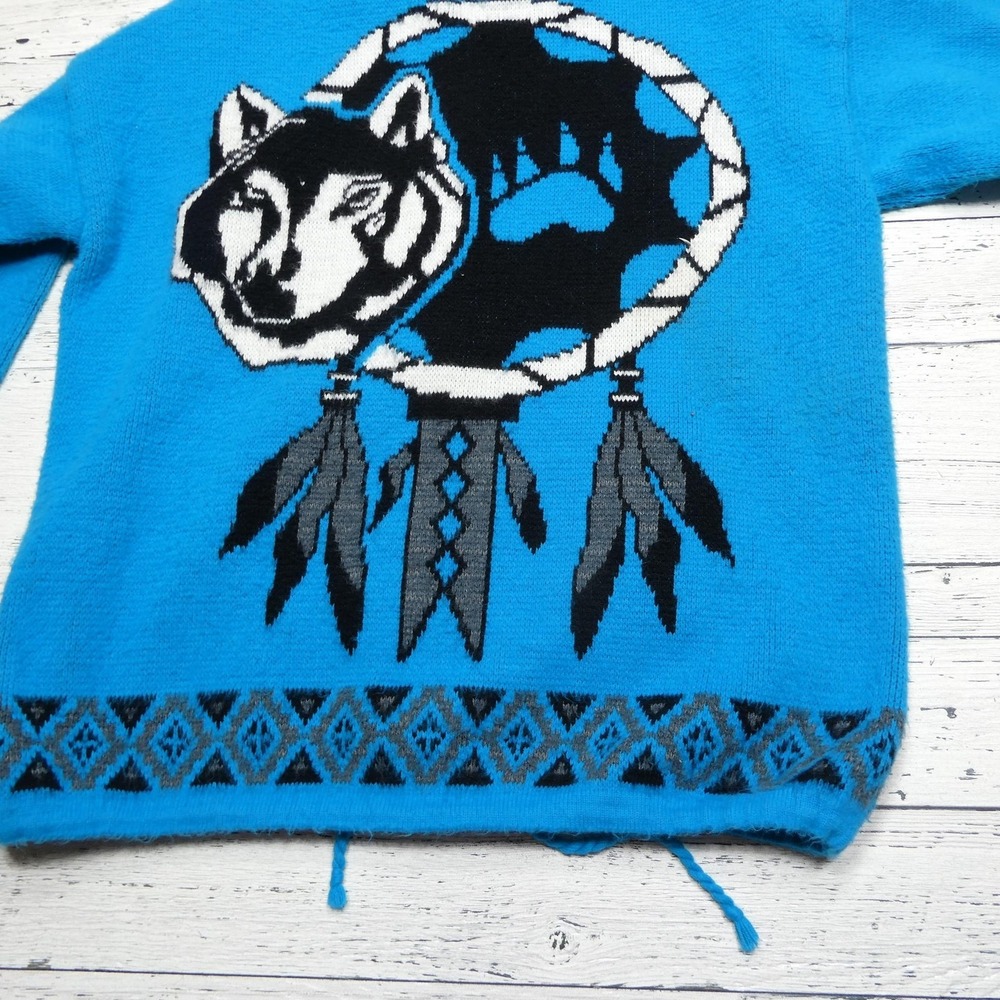 Tejidos Ruminahui Sweater Mens Large Wolf Dreamcatcher Hooded Jacket Ecuador - Picture 7 of 10
